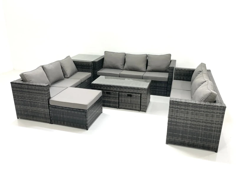 Image of Fimous Outdoor Garden Furniture Set 8 Pieces Rattan Sofa Set with Coffee Table 3 Footstools Side Table Dark Grey Mixed Dark Grey