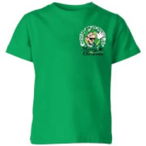 Image of Nintendo Super Mario Luigi Merry Christmas Pocket Wreath Kid's T-Shirt - Kelly Green - 11-12 Years