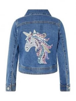 Image of Monsoon Girls Elouise Unicorn Sequin Denim Jacket - Blue, Size 9-10 Years, Women