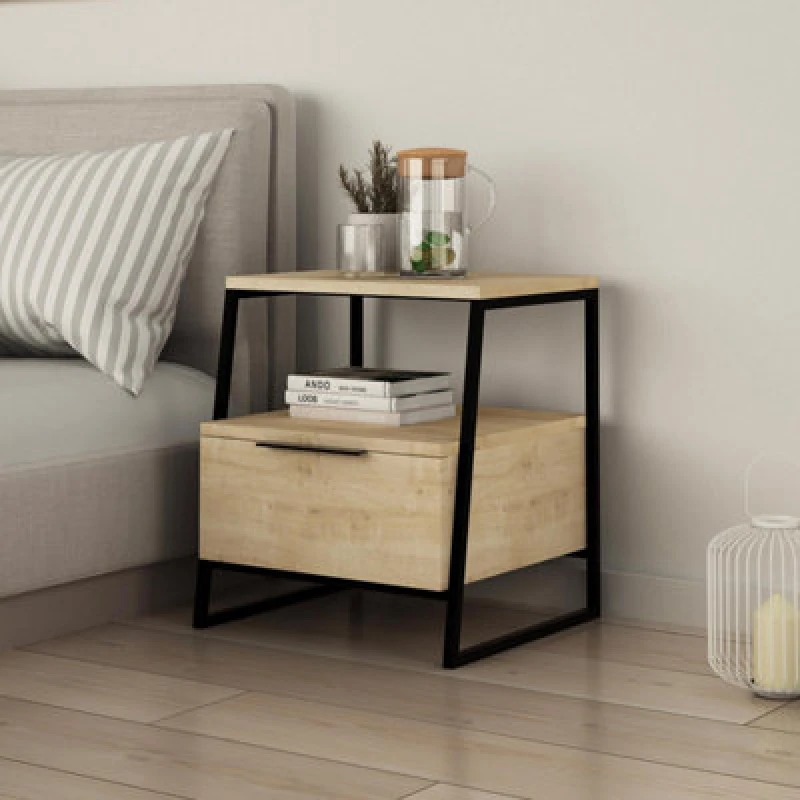 Image of FWStyle Natural Oak 1 Door Bedside Table Cabinet Modern Black Metal Frame Brown