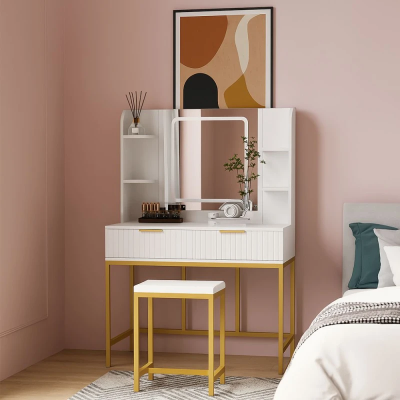 Image of KOSY KOALA KOSY KOALA Dressing Table Set with LED Mirror, Side Shelves and Stool - White and Gold for Bedroom White One Size Unisex 5061055343301