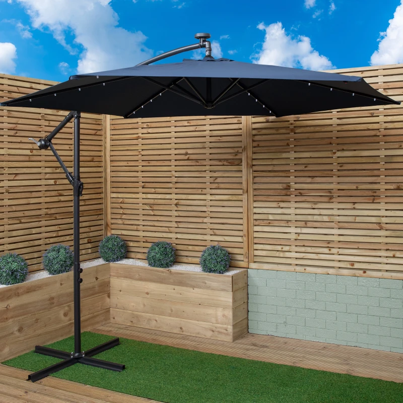Image of Samuel Alexander 3m Solar Powered Cantilever Lit Banana Garden Parasol with Crank Handle & White LED Lights in Blue