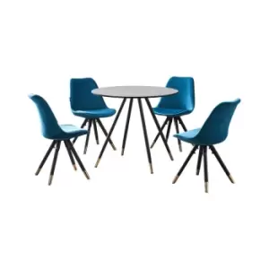 Image of 5 Pieces Life Interiors Sofia Dorchester Dining Set - a Grey Round Dining Table and Set of 4 Blue Dining Chairs - Blue