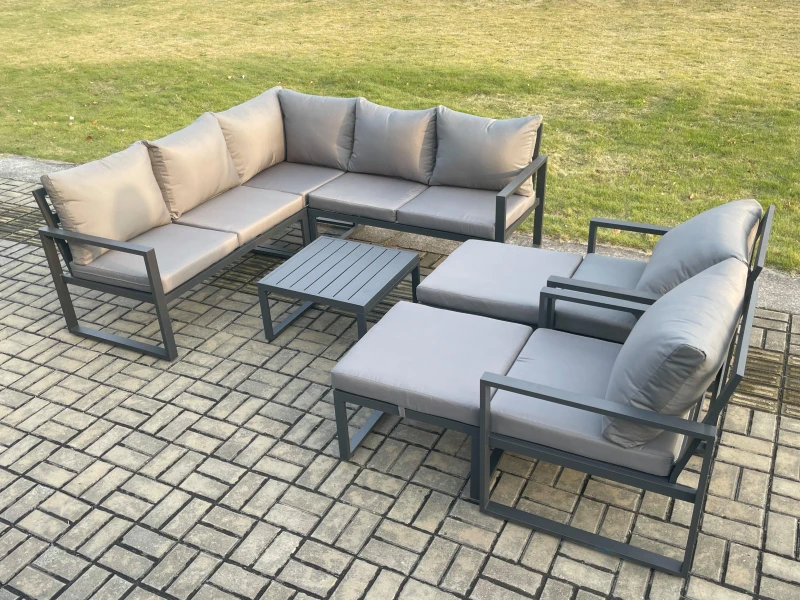 Image of Fimous 9 Seater Outdoor Aluminium Garden Furniture Set Corner Lounge Sofa Set with Square Coffee Table 2 Big Footstools Dark Grey Dark Grey Unisex