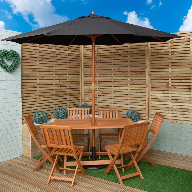 Image of Outdoor 6 Person Folding Rectangular Wooden Garden Patio Dining Table Chairs Parasol and Base set