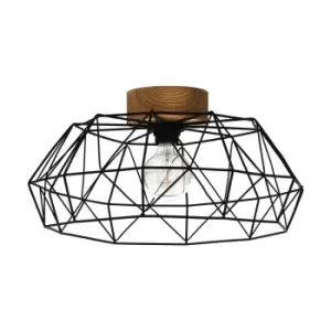 image of Semi Flush Ceiling Light Black Steel Cage Shade & Wood 1 x 60W E27 Bulb