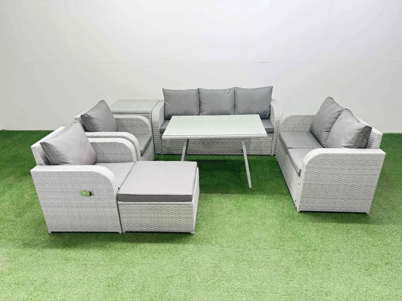 Image of Fimous Pe Rattan Garden Furniture Set Outdoor Rectangular Dining Table Sofa Set With Reclining Chair Big Stool Side Table