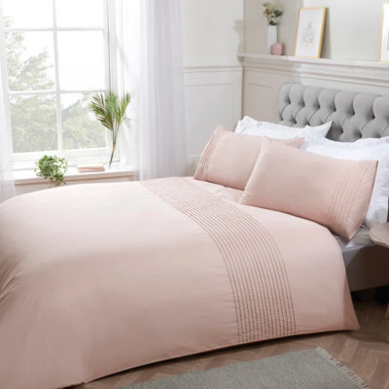 Image of Smart Living Smart Living Luxury Pintuck Pleated Striped Panel Duvet Cover With Pillowcases in Light Pink Size: Super King Light Pink Super King Uni