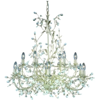 image of Searchlight Almandite - 12 Light Multi Arm Ceiling Pendant Gold, Cream with Crystals Floral Leaves Design, E14