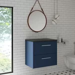 image of Hudson Reed Juno Wall Hung 2-Drawer Vanity Unit with Sparkling Black Worktop 600mm Wide - Electric Blue