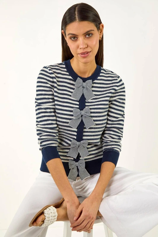 Image of Roman Womens Stripe Bow Front Knit Jumper in Navy Size: 18 Navy Female 18
