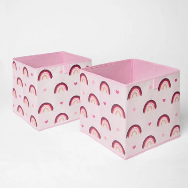 Image of OHS OHS Pack of 2 Rainbow Print Cube Storage Boxes in Light Pink Light Pink One Size Unisex 5027434157518