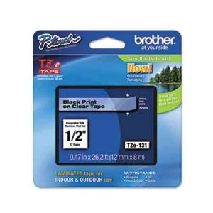 Image of Brother TZe-131 P-touch Label Tape - 1/2 x 26.2 ft 12mm x 8m Black on Clear
