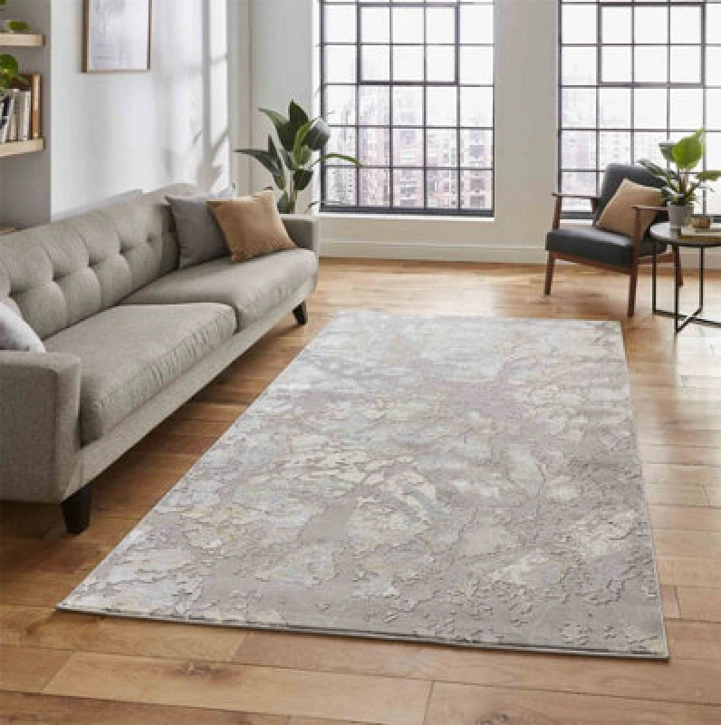 Image of Grey Gold Abstract Modern Easy To Clean Rug For Dining Room-120Cm X 170Cm