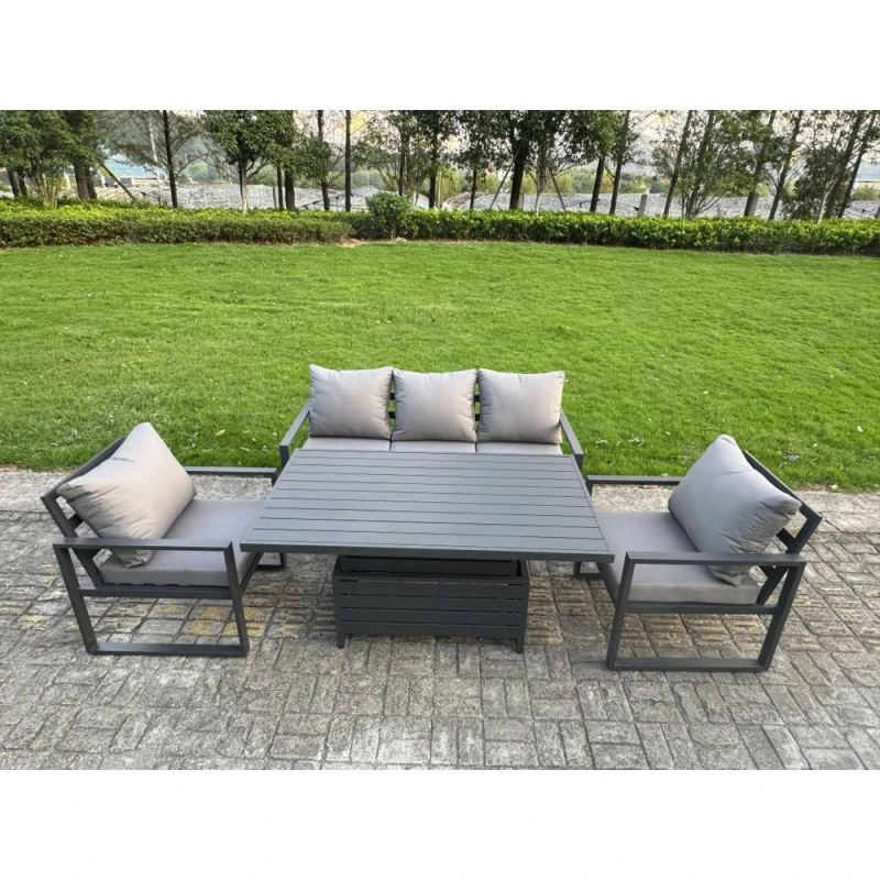 Image of Fimous Aluminum 4 Piece 5-Seater Sofa Set with Lifting Table & 2 Chairs in Dark Grey Dark Grey Unisex