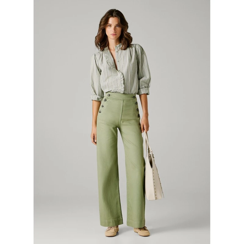 Image of Pepe Jeans Button Detail Wide Leg Trousers Khaki Green Cotton XL