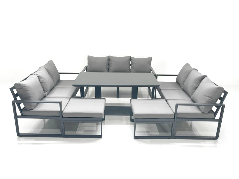 Image of Fimous 11 Seater Garden Sofa Set Aluminium Furniture Rising Dining Tabe Set wth 2 Big Footstools Dark Grey Dark Grey Unisex