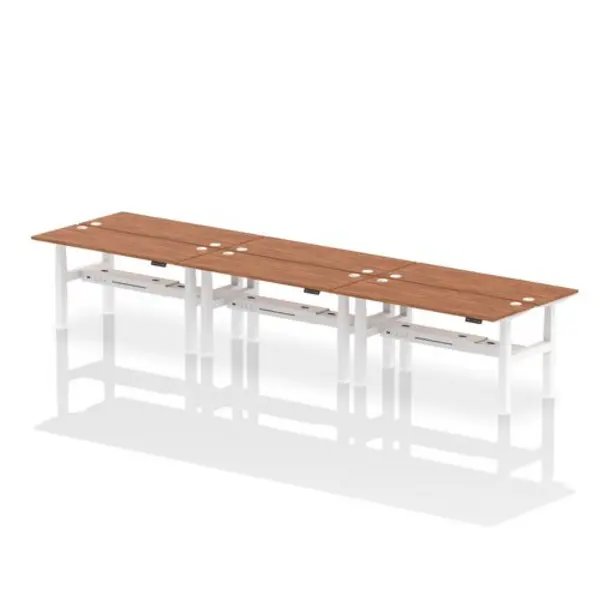 Image of Air Air Back-to-Back 1600 x 600mm Height Adjustable 6 Person Bench Desk Walnut Top with Cable Ports White Frame HASCP6P16600WNTW