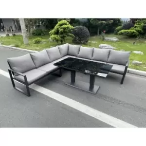 Image of Fimous 7 Seater Outdoor Dark Grey Aluminum Corner Sofa Complete Dining Set with Adjustable Rising Lifting Table