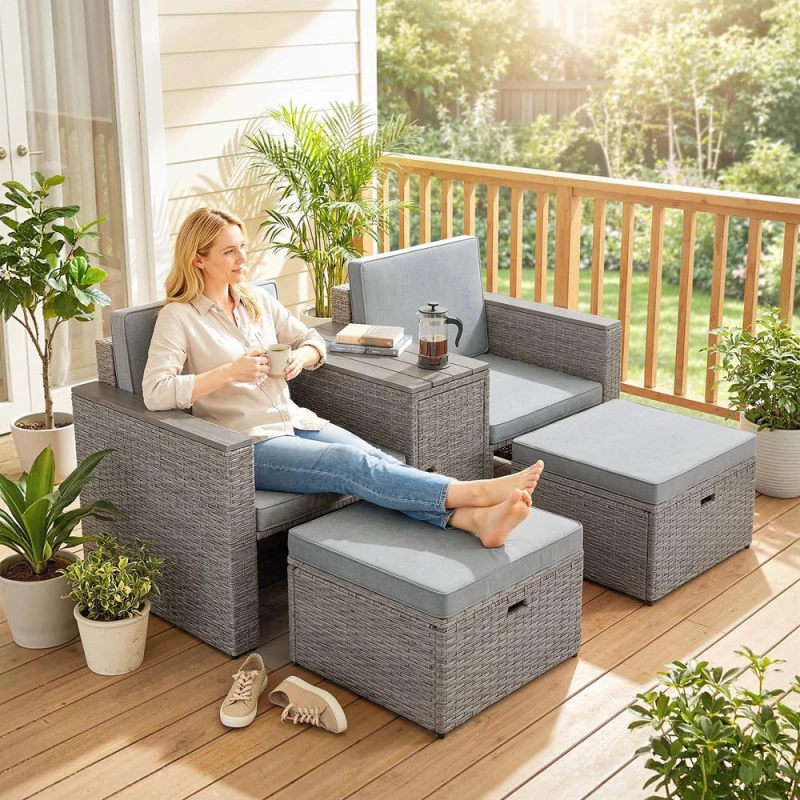 Image of OUTSUNNY 5 Piece Rattan Garden Furniture Set w/ Storage Table, Dark Grey Dark Grey Unisex