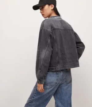 Image of AllSaints Womens Bloom Denim Jacket, Washed Black, Size: 12