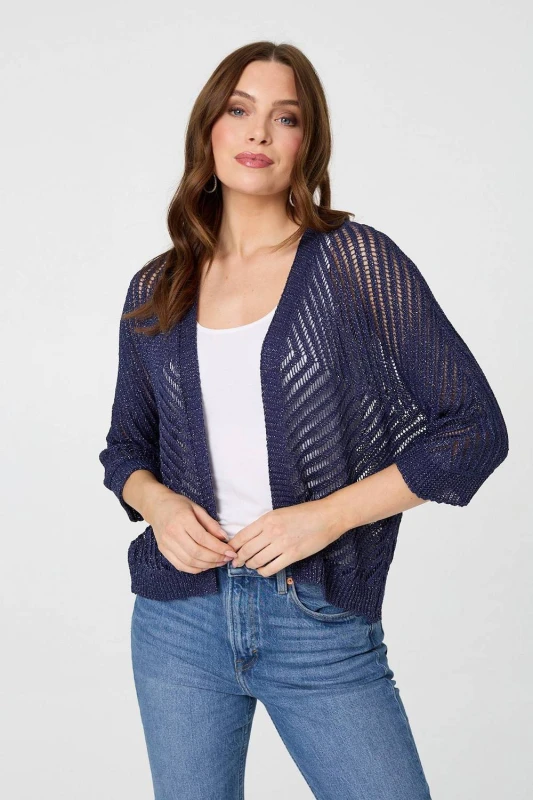 Image of Izabel London Womens Chevron Texture Mesh 1/2 Sleeve Cardigan in Navy Size: Small Navy Female S