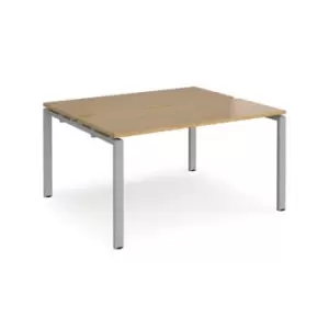 Image of Bench Desk 2 Person Starter Rectangular Desks 1400mm Oak Tops With Silver Frames 1200mm Depth Adapt