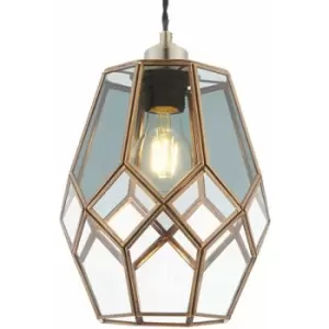 Image of Hanging Ceiling Pendant Light Shade Brass & Clear Smoked Glass Geometric Cage