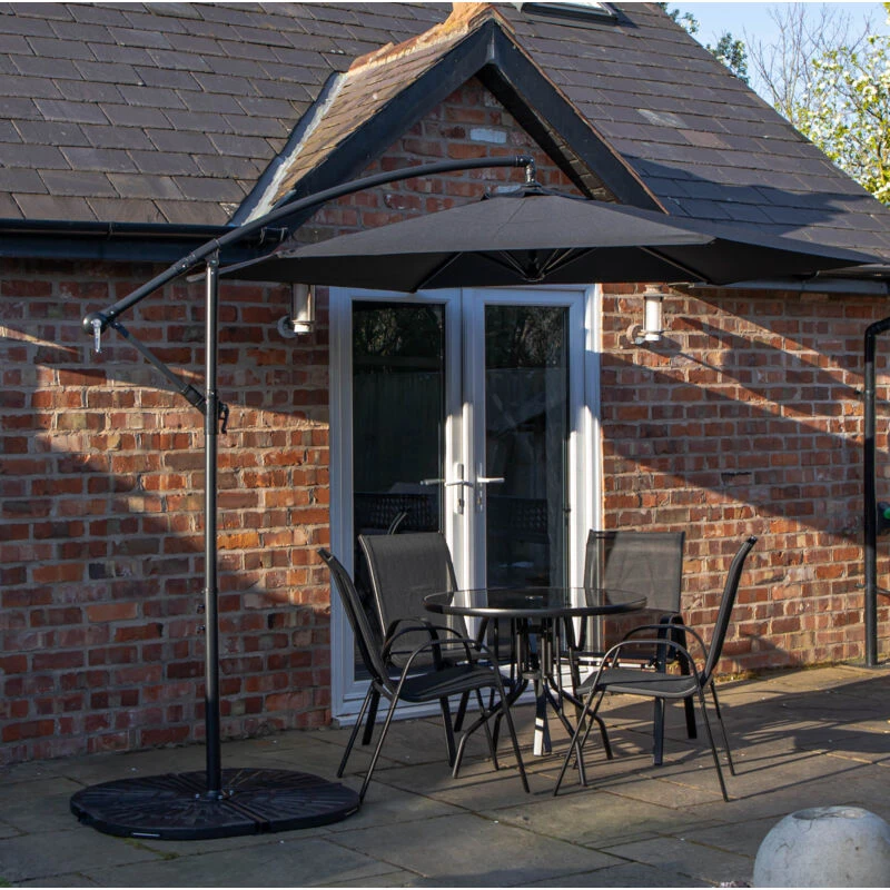 Image of Outdoor 4 Person Round Glass Top Garden Dining Table Chairs With Black Banana Parasol and Base