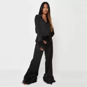 image of Missguided Fur Trim Pyjama Set - Black