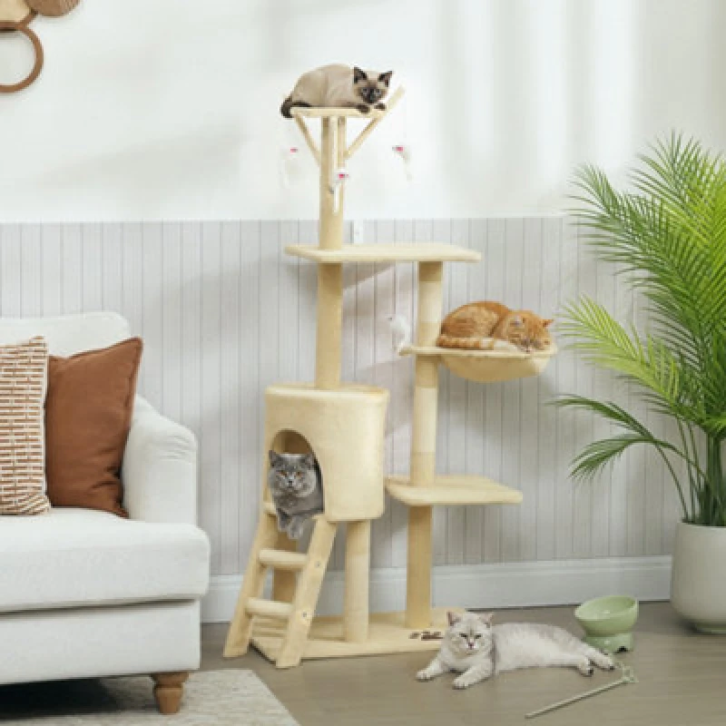 Image of Pawhut Cat Tree For Indoor Cats, 134Cm Scratching Post Climbing Tower, Beige