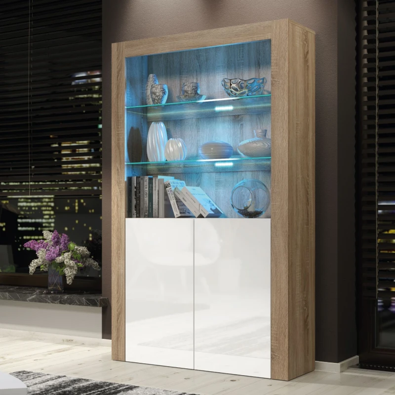 Image of Creative Furniture Spectrum Display Cabinet 170cm - A Contemporary and Spacious Cabinet with Glass Shelves and LED Lights Light Oak