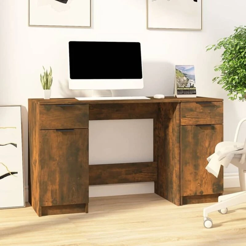 Image of Vidaxl Desk With Side Cabinet Smoked Oak Engineered Wood, Brown 3115913