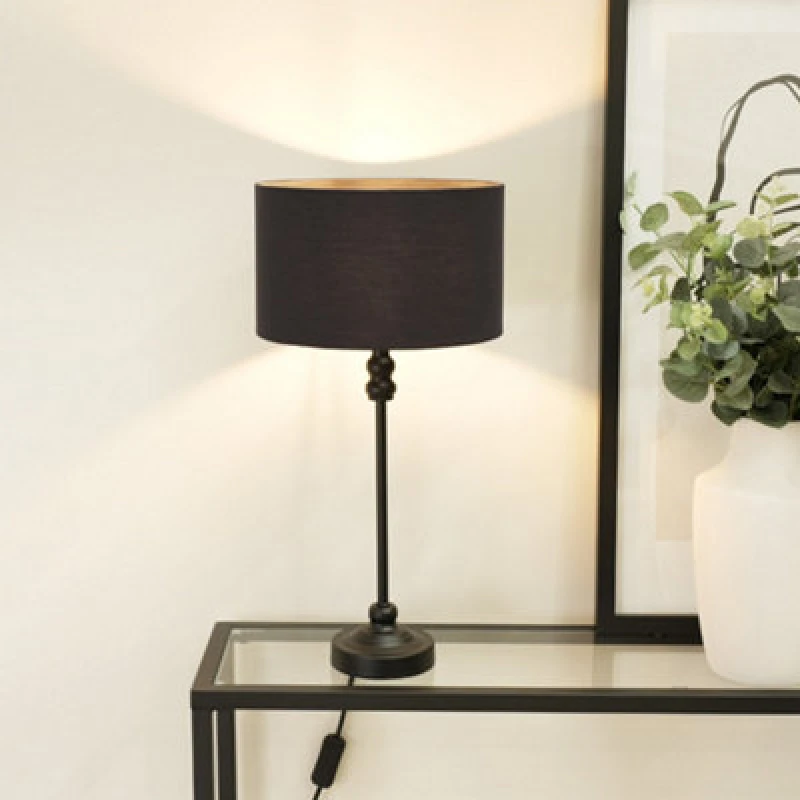 Image of ValueLights Maggie Black Metal Candlestick Slim Table Lamp with Fabric Drum Lamp Shade Black