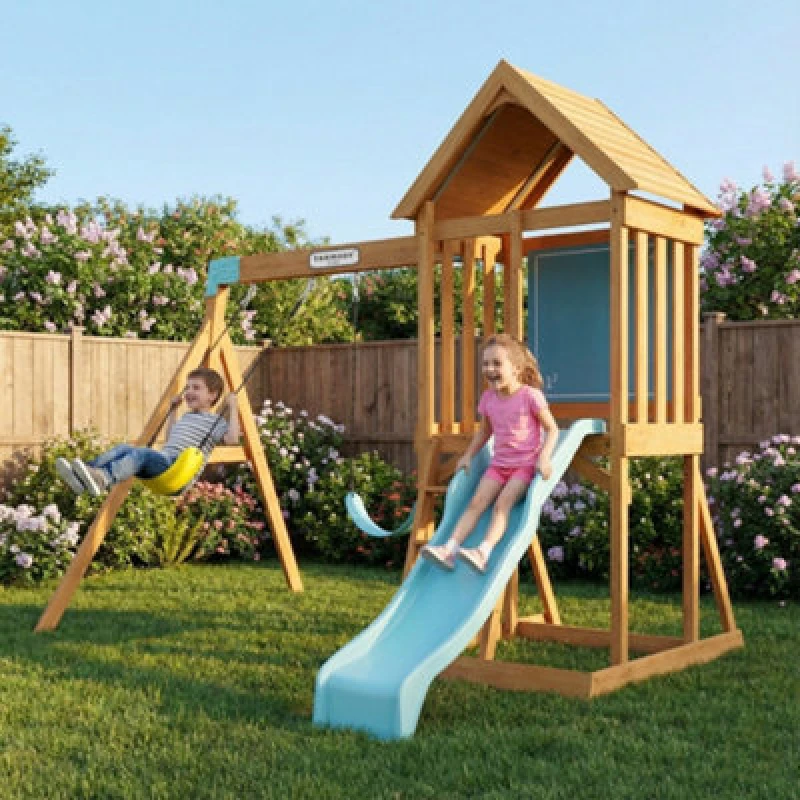 Image of Teamson Kids Large Wooden Swing Set With Slide, Chalkboard, Sandpit And Swings, Garden Playset