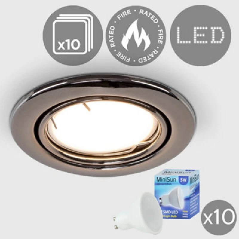Image of ValueLights Downlight Tiltable Fire Rated Ceiling Light Fitting 10 Pack With Warm White Bulbs Black