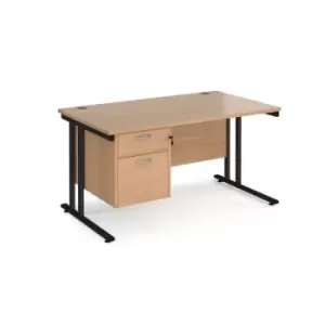 Image of Office Desk Rectangular Desk 1400mm With Pedestal Beech Top With Black Frame 800mm Depth Maestro 25 MC14P2KB
