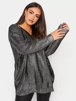 Image of Yours Yours Foil-printed V-neck Jumper, Black, Size 14-16, Women