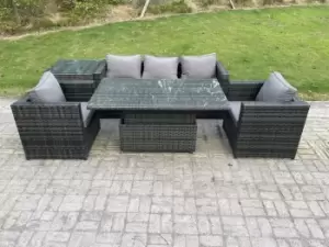Image of Fimous 5 Seater Outdoor Dark Grey Rattan Lounge Complete Sofa Set with Adjustable Dining Table and Side Table