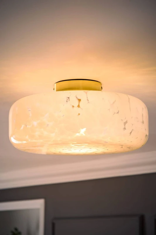 Image of ValueLights India Large White Confetti Glass Shallow Flush Ceiling Light & Bulb White Unisex