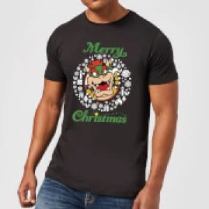 Image of Nintendo Super Mario Bowser White Wreath Merry Christmas Black T-Shirt - L - Black