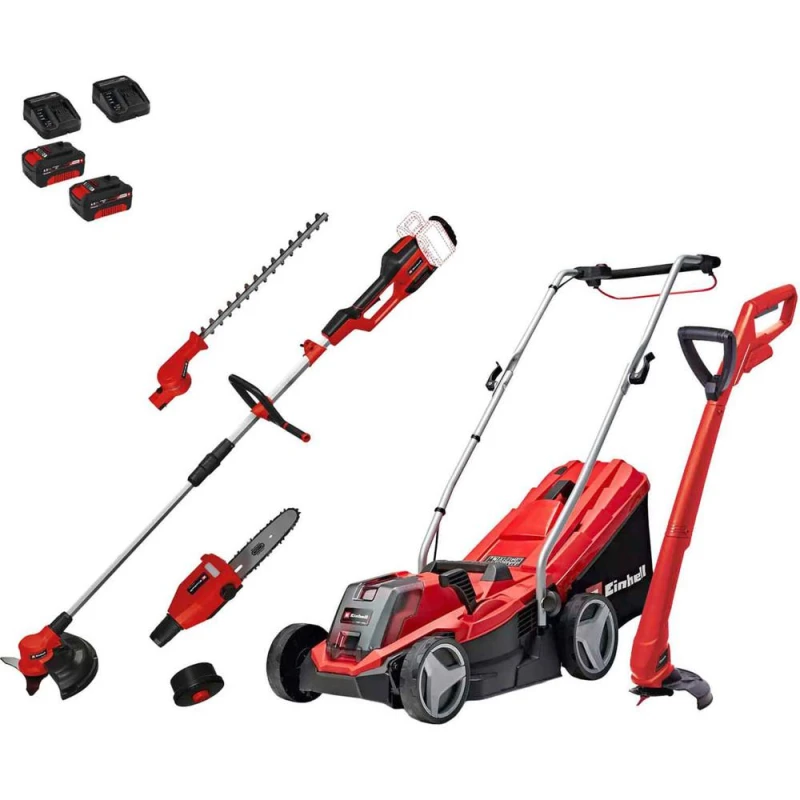 Image of Einhell GE-CM 18v Cordless Rotary Lawnmower, Grass Trimmer and Multi Tool Kit 2 x 4ah Li-ion Battery Charger GE-CMKIT4