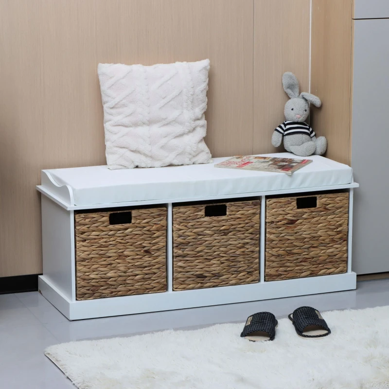 Image of Home Source Hallway Storage Bench 3 Woven Drawers Padded Cushioned Top White Wooden Frame White