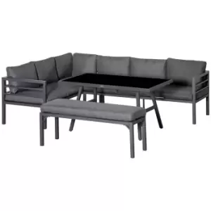 Image of Outsunny 4 Piece L-shaped Garden Furniture Set 8-Seater Aluminium Outdoor Dining Set Conversation Sofa Set w/ Bench, Dining Table & Cushions, Grey