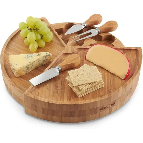 image of VonShef Bamboo Round Cheese Board With 3 Knives - Multi One Size