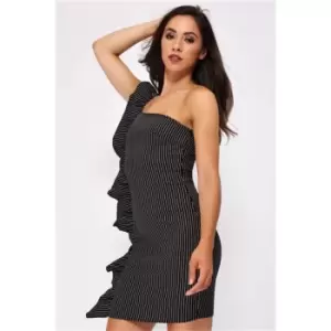 Image of I Saw It First Stripy One Shoulder Frilled Bodycon - Black