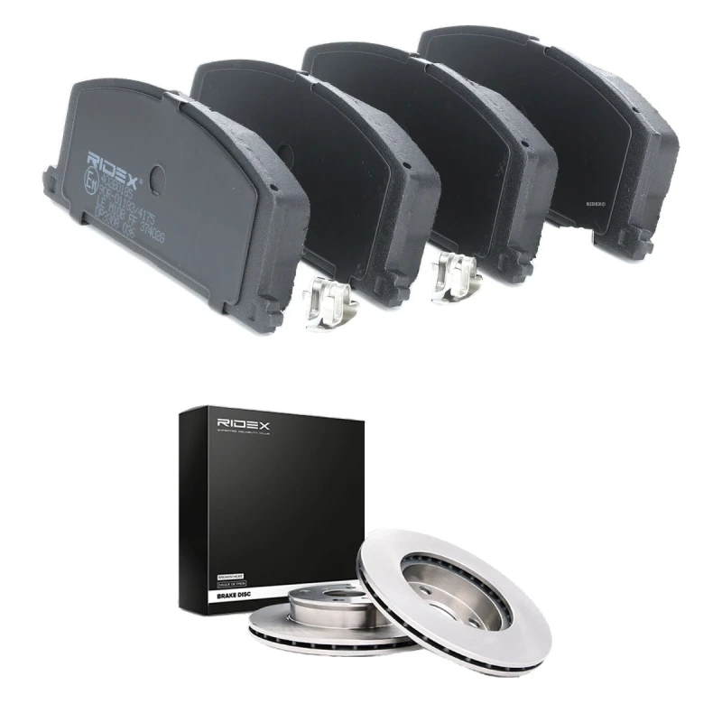 Image of RIDEX 3405B2104 Brake disc and pads set Front Axle, Brake Disc Type: Vented, with acoustic wear warning Brake Set,disc brakes (3405)