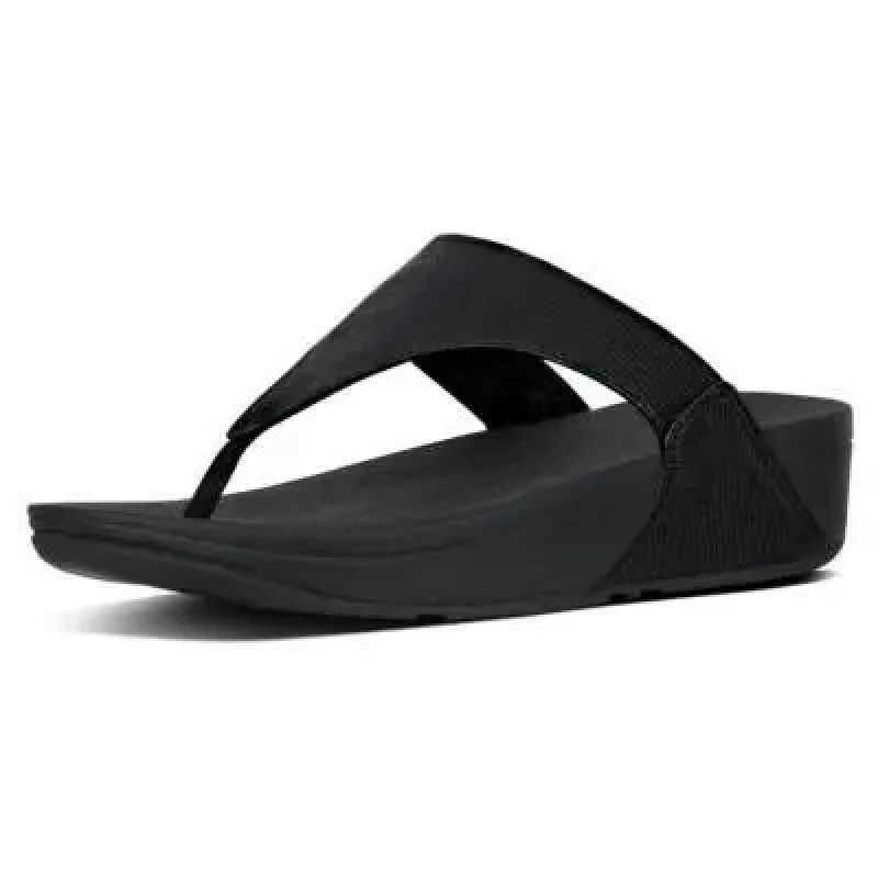 Image of FitFlop Lulu Toe Post Leather Womens Wedge Sole Sandals - Black - Size:UK 6.5