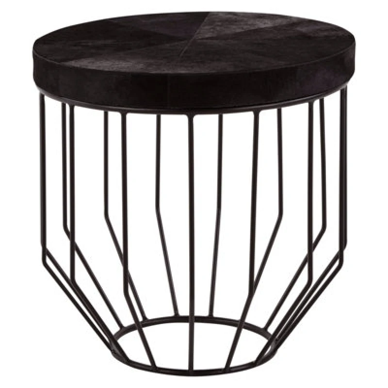 Image of Orsina Black Leather Top Round Side Table, Hair On Hide Leather With Iron Wire Frame, Boutique Style Accent Table