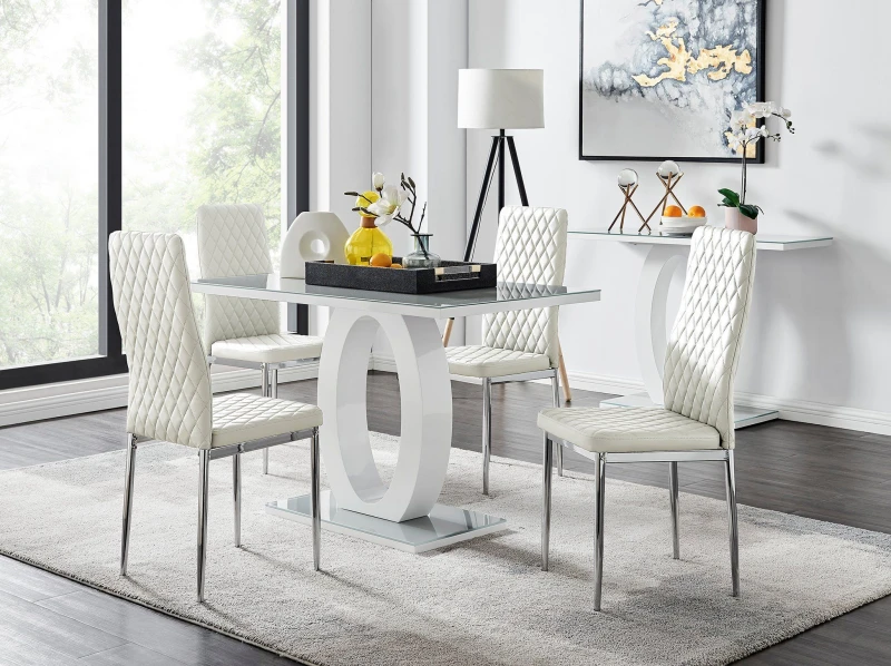 Image of FurnitureboxUK FurnitureboxUK Giovani Grey White Modern High Gloss And Glass Dining Table And 4 Milan Chairs Set in Off White Off White One Size Unise